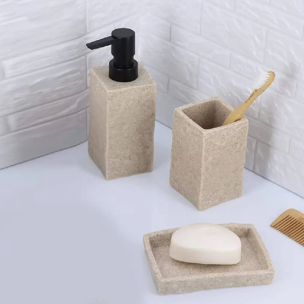 3-Piece Beige Stone Bathroom Accessory Set – Soap Dispenser, Toothbrush Holder & Soap Dish