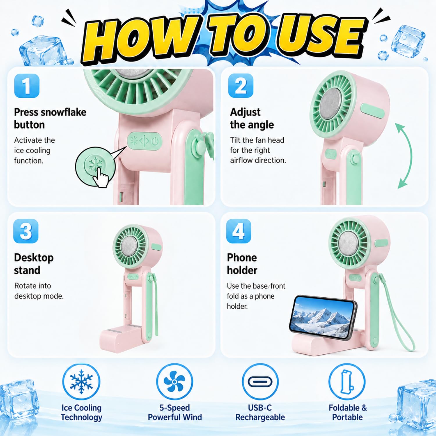 Ice Cooling Folding Fan – 180° Foldable Portable Mini Fan thumbnail 16