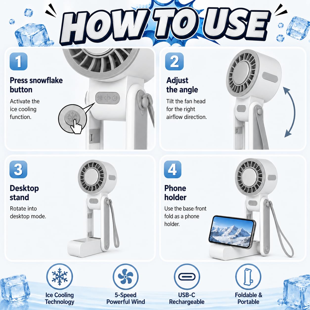 Ice Cooling Folding Fan – 180° Foldable Portable Mini Fan thumbnail 6