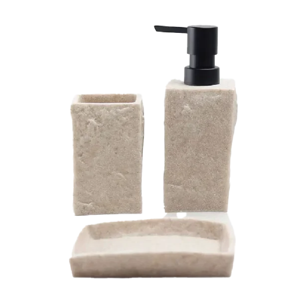 Aminsuk 3-Piece Beige Stone Bathroom Set with Dispenser, Toothbrush Holder & Soap Dish